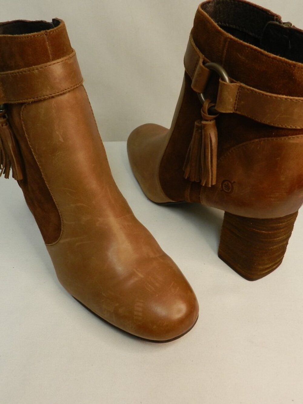 Born Leather w/Suede brown Tassel ankle Zip boots comfort block heel Size Sz 10 - Picture 10 of 13